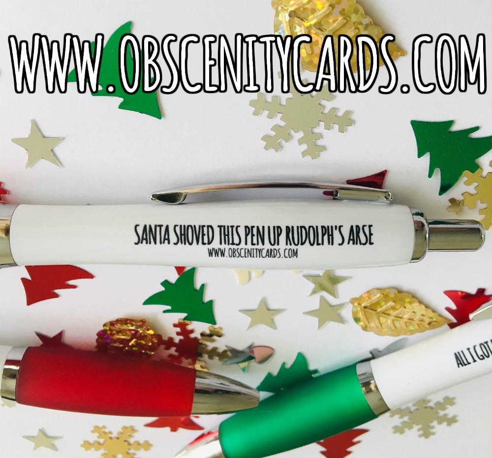 SECRET SANTA CHRISTMAS PENS! Obscene funny offensive birthday cards by Obscenity cards. Obscene Funny Cards, Pens, Party Hats, Key rings, Magnets, Lighters & Loads More!-2