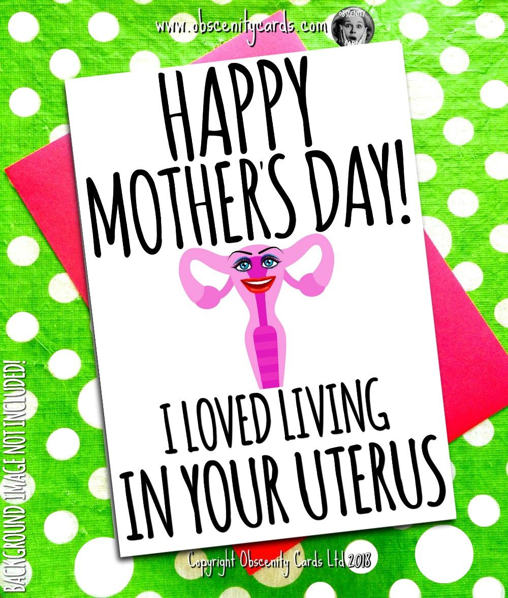 HAPPY MOTHER'S DAY CARD, I LOVED LIVING IN YOUR UTERUS. Obscene funny offensive birthday cards by Obscenity cards. Obscene Funny Cards, Pens, Party Hats, Key rings, Magnets, Lighters & Loads More!-0