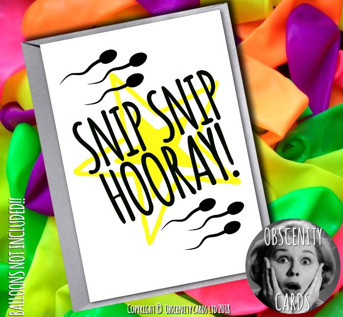 SNIP SNIP HOORAY! Funny Vasectomy card . Obscene funny offensive birthday cards by Obscenity cards. Obscene Funny Cards, Pens, Party Hats, Key rings, Magnets, Lighters & Loads More!-0