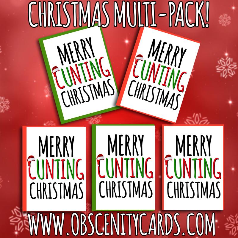 CHRISTMAS MULTI-PACK 5 x "MERRY CUNTING CHRISTMAS" Obscene funny christmas mulit-pack cards by Obscenity cards. Obscene Funny Cards, Pens, Party Hats, Key rings, Magnets, Lighters & Loads More!-0